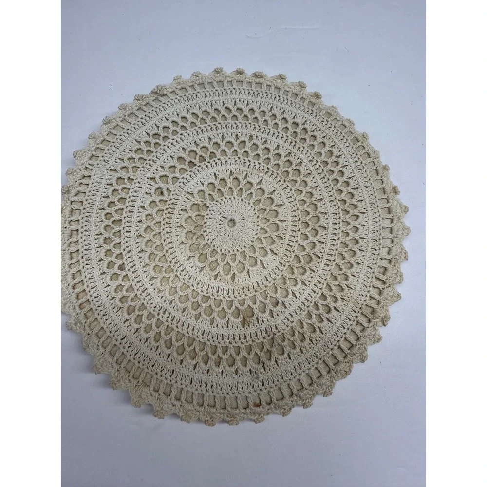 Vintage Hand Crochet Doily Round Scalloped Lace Cream Trivet  8in